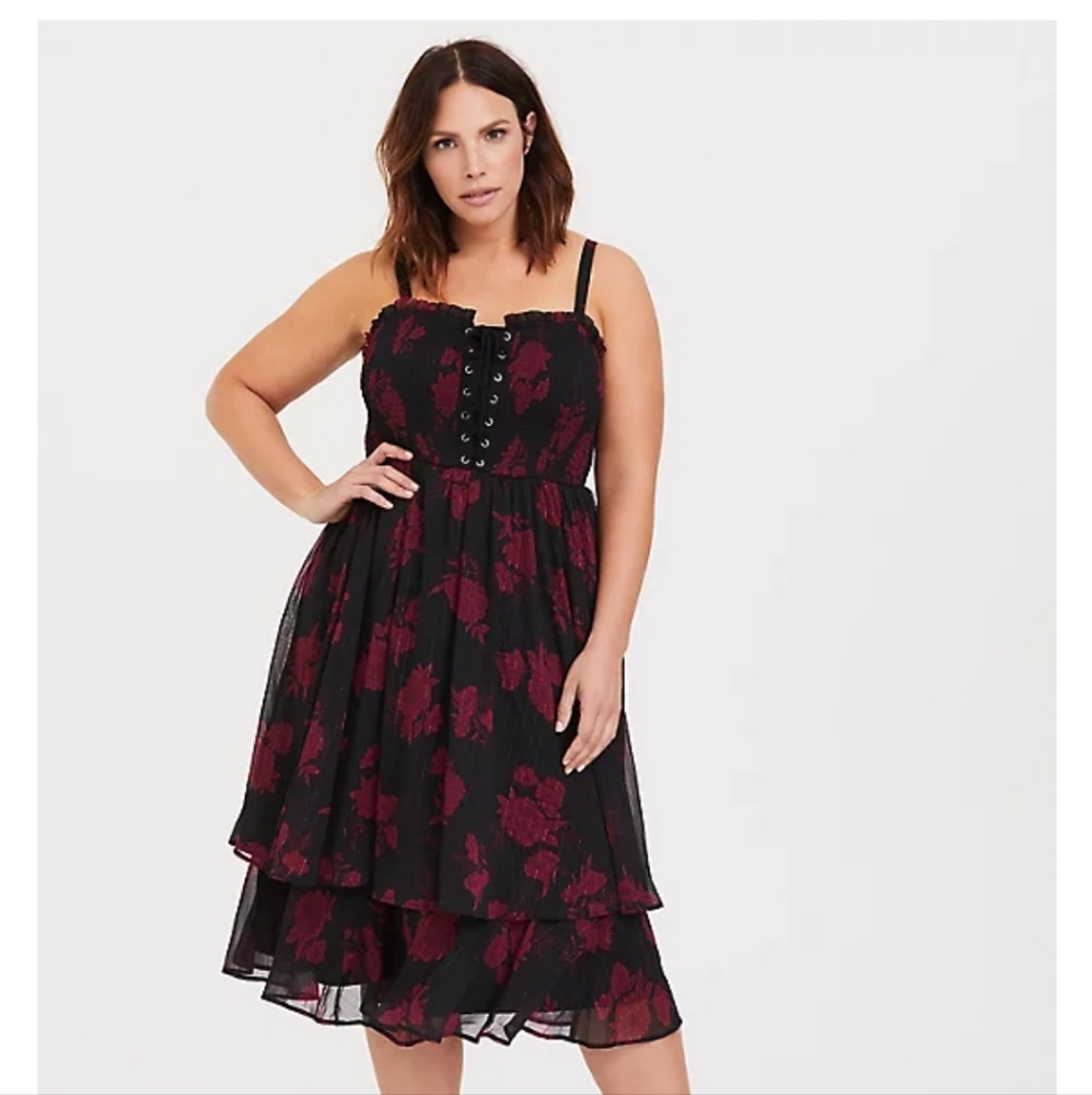Torrid Black Floral Smocked Chiffon Midi Dress